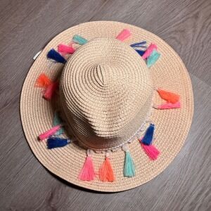 Top It Off Hat Womens Straw Tan Tassel Wide Brim Beach Sun Boho Summer